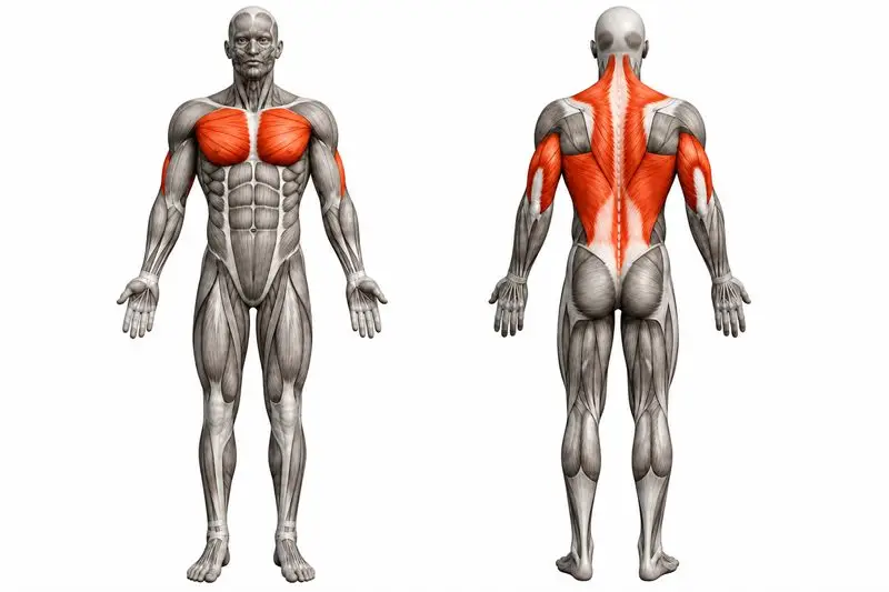 Músculos que trabaja muscle up, marcados en rojo