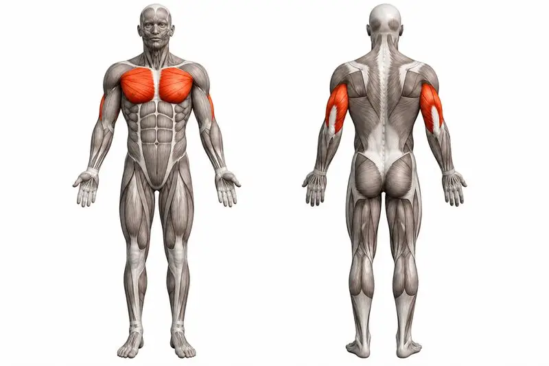 Músculos que trabaja flexión en TRX, marcados en rojo