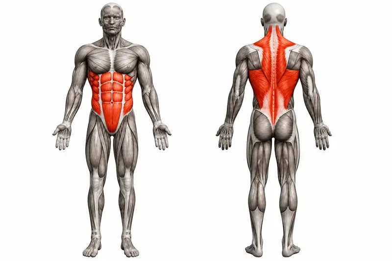 Músculos que trabaja front lever agrupado, marcados en rojo