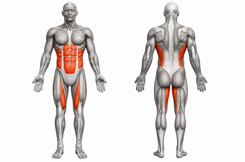 Músculos que trabaja plancha Copenhague con rodilla flexionada, marcados en rojo