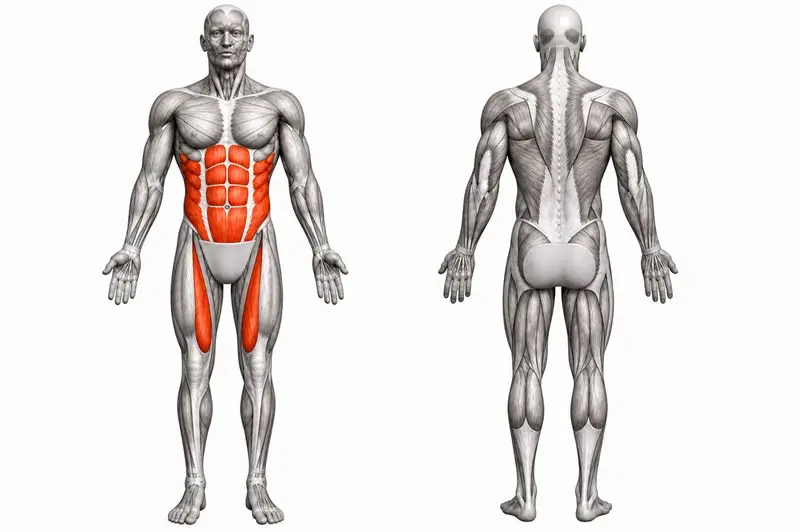 Músculos que trabaja elevación de piernas tumbado, marcados en rojo