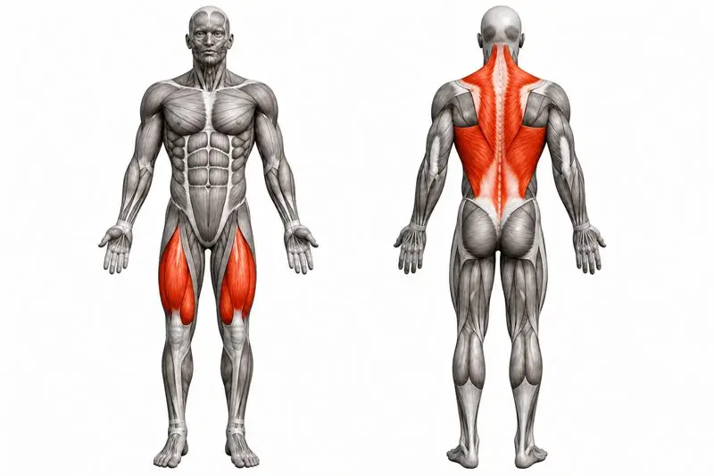 Músculos que trabaja remo en máquina, marcados en rojo