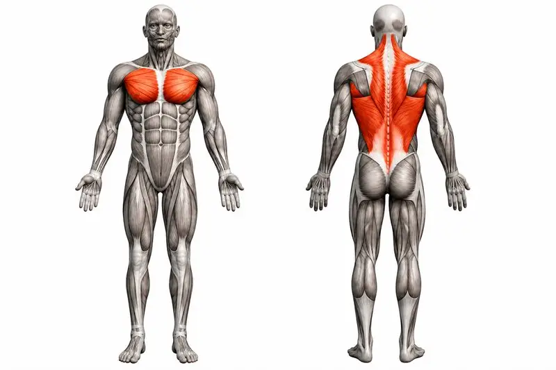 Músculos que trabaja muscle-up en anillas, marcados en rojo