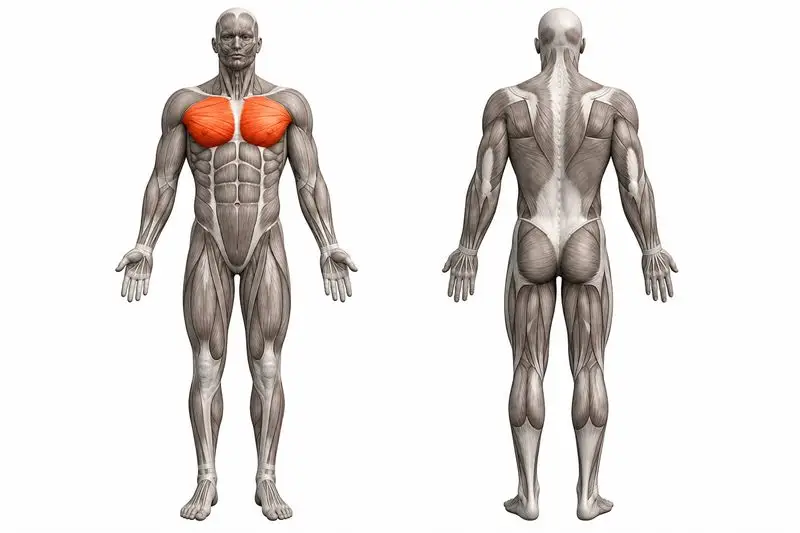 Músculos que trabaja press de pecho en máquina, marcados en rojo