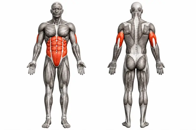 Músculos que trabaja plancha a flexión, marcados en rojo