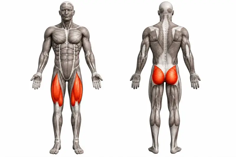 Músculos que trabaja sentadilla profunda isométrica, marcados en rojo