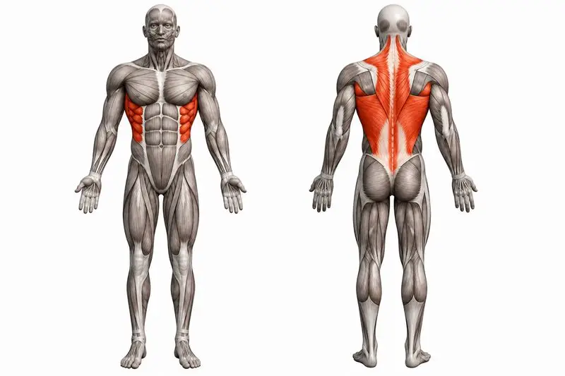 Músculos que trabaja foam roller torácico, marcados en rojo
