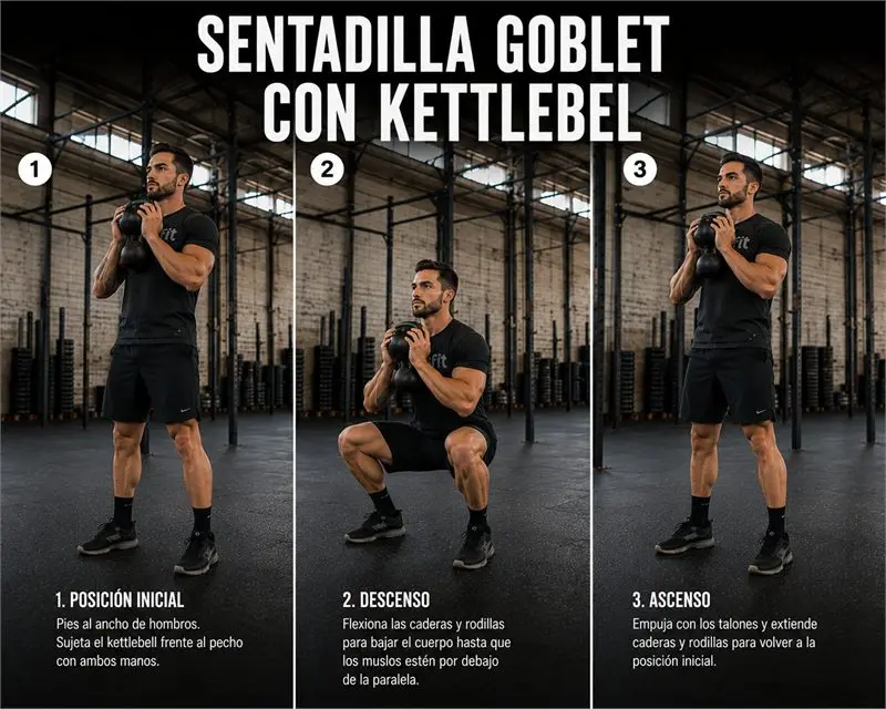Sentadilla goblet con kettlebell: secuencia del movimiento