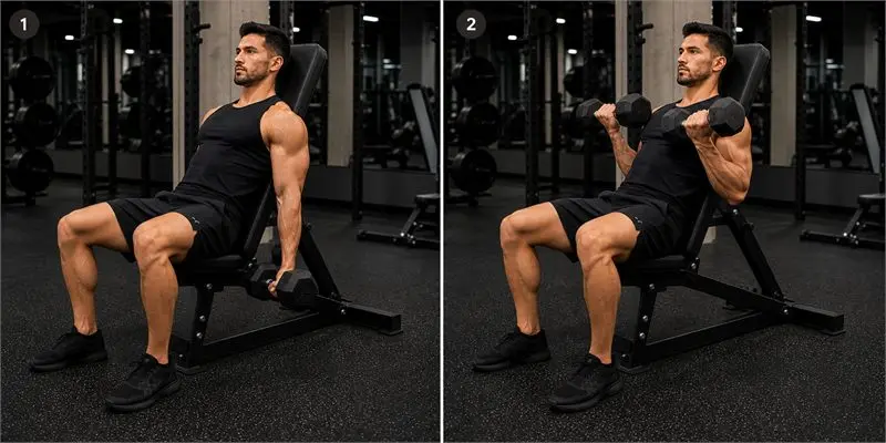 Curl inclinado con mancuernas: secuencia del movimiento