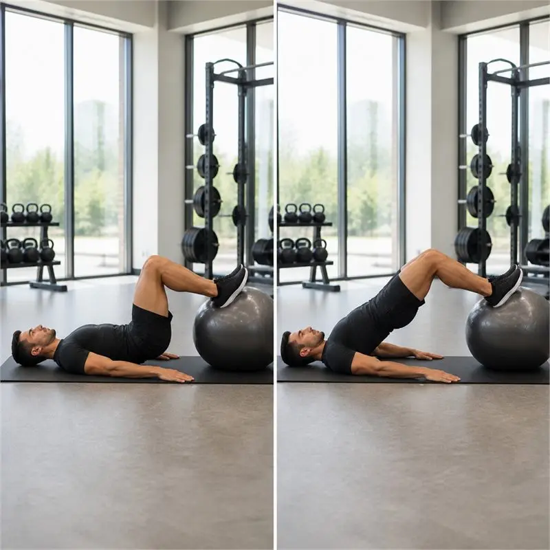 Puente de glúteos con pies en fitball: secuencia del movimiento