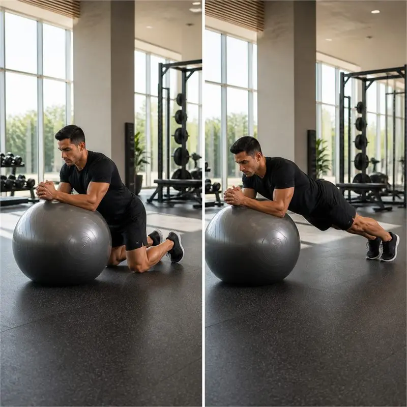 Plancha con antebrazos en fitball: secuencia del movimiento