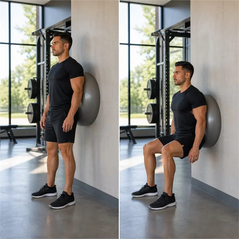 Sentadilla en pared con fitball: secuencia del movimiento