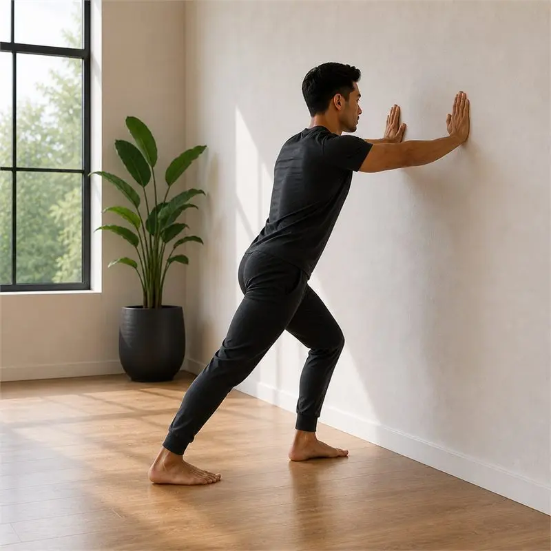Estiramiento de gemelo y sóleo en pared: secuencia del movimiento