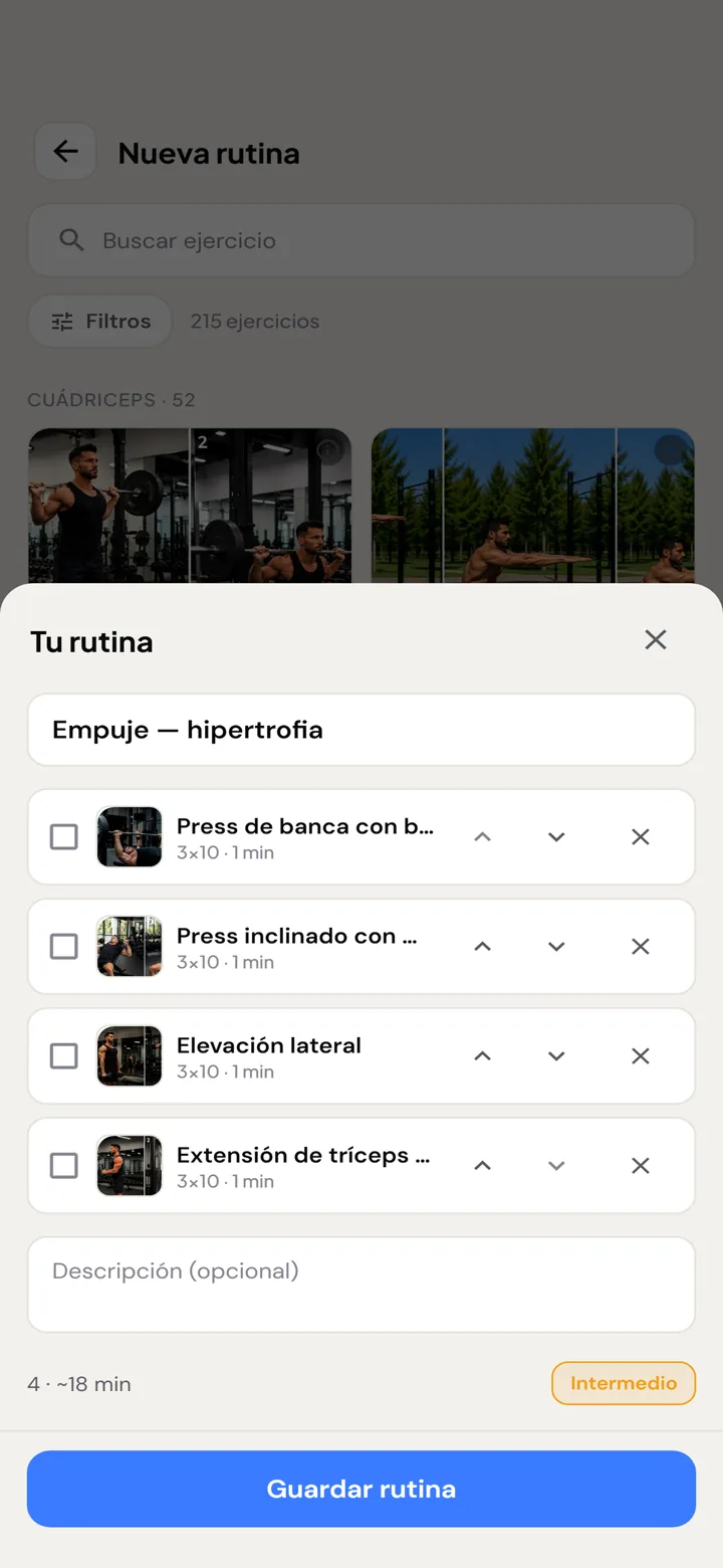 Cesta de la rutina con los ejercicios elegidos, listos para guardar